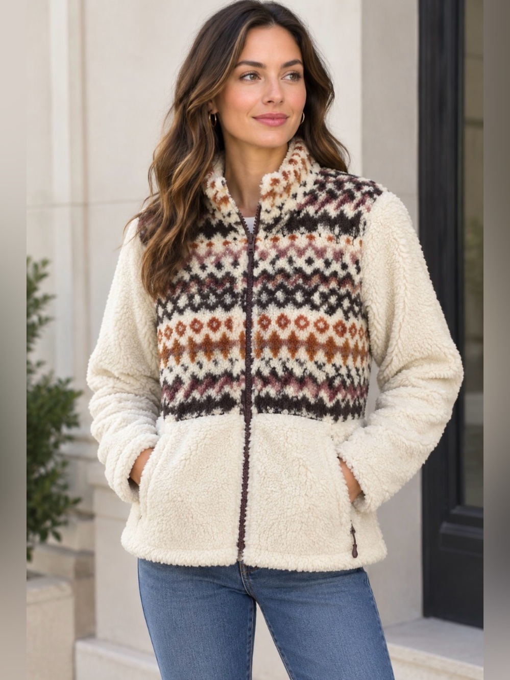 Free Country Women’s Medium Cream Fair Isle Sherpa Fleece Full Zip Jacket